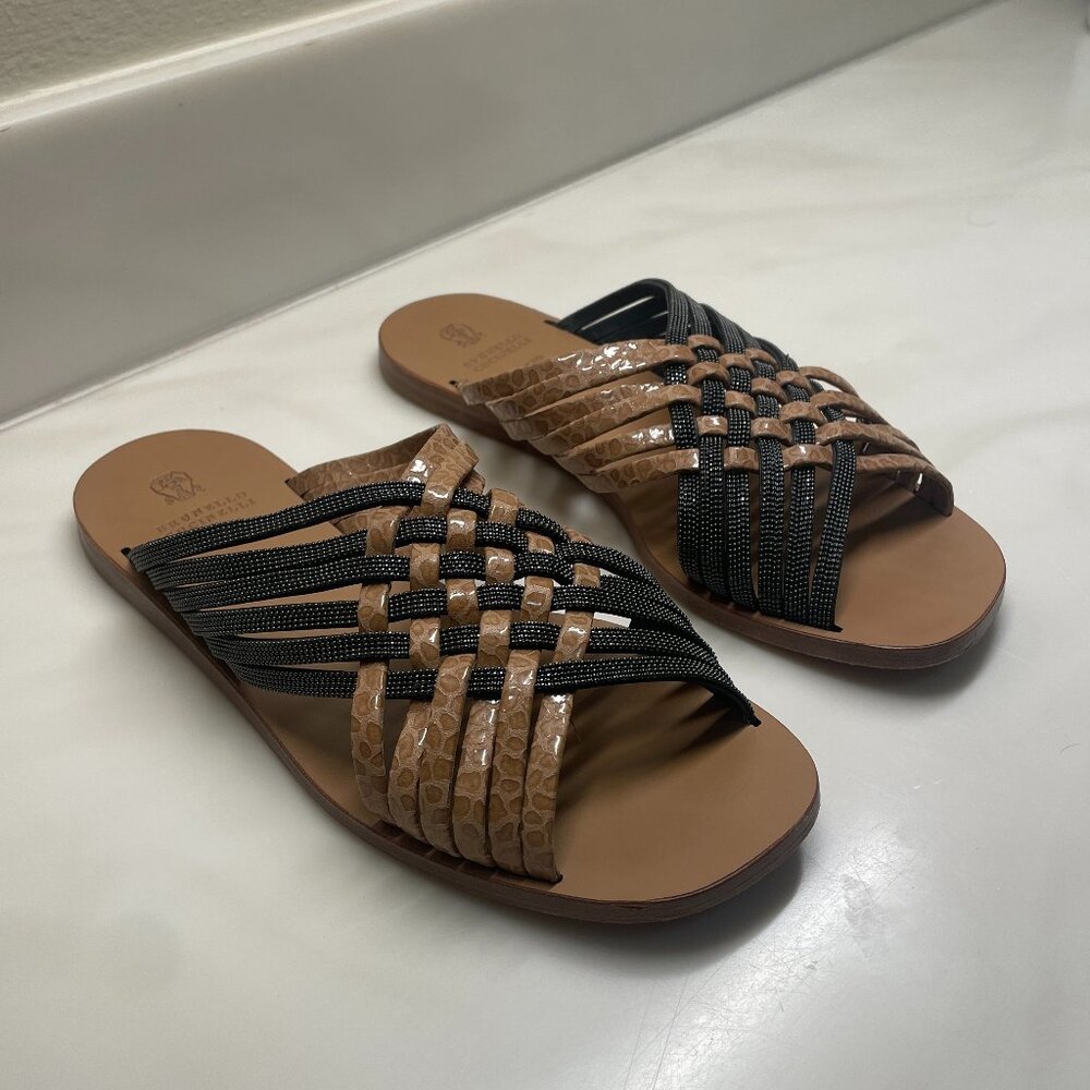 Brunello Cucinelli Leather Colorblock Pattern Slides Sz 7 / IT 37
